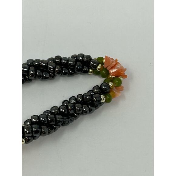 American Vintage Jewelry Necklace 70s Multistrand Hematite Twist Coral Flowers - Picture 3 of 7